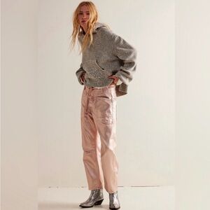 Free People Moxie Metallic Low Slung Barrel Jeans Bubblegum pink.